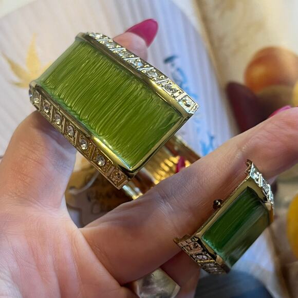 Vintage Green Enamel Gold Tone and Rhinestone Chunky Square Clamper Bracelet - Picture 4 of 8